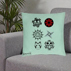 Perna Personalizata Simboluri Anime Mix - Naruto One Piece, 40x40 cm, Verde Menta, Husa Detasabila, Perna Inclusa, BEKZ®
