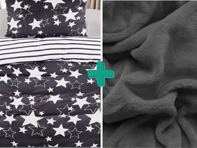 2x lenjerie de pat microplus STARS gri + cearceaf din microplus SOFT 180x200 cm gri inchis