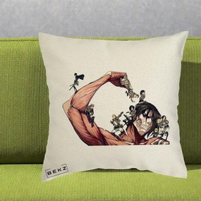 Perna Personalizata Attack on Titan Eren Titan Grup, 40x40 cm, Ecru, Husa Detasabila, Perna Inclusa, BEKZ®