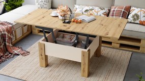 Mazzoni OSLO Stejar Artisan/Bej (Șampanie) - MĂSUȚĂ EXTENSIBILĂ CU RIDICAREA BLATULUI MĂSUȚĂ DE CAFEA