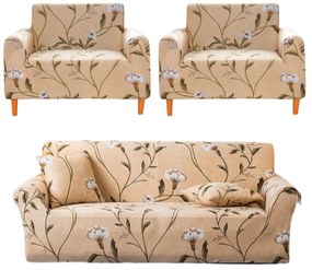 Set Huse Elastice, Canapea 3 locuri + 2 Fotolii, cu Brate, Spandex, Crem / Alb, HES-66