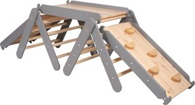 Triunghi Pikler de cățărat gri/în culoare naturală din lemn de pin 265x61x60 cm Montessori – Meowbaby