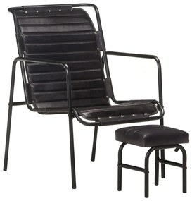 Fotoliu de relaxare cu suport picioare, negru, piele naturală