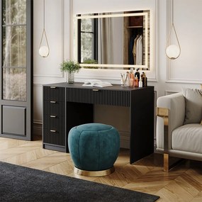 Masuta machiaj neagra cu Oglinda LED si 5 Sertare pentru Cosmetice, Set Masa toaleta 120 cm, masuta vanity cu Riflaj, cosmetica- SEN250
