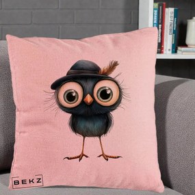 Perna Decorativa Pui Misterios cu Palarie Neagra, 40x40 cm, Roz, Husa Detasabila, Perna Inclusa, BEKZ®