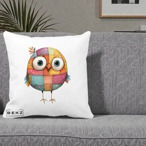 Perna Decorativa Pasare Patchwork Colorata, 40x40 cm, Alba Mata, Husa Detasabila, Perna Inclusa, BEKZ®