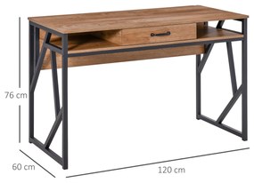 HOMCOM Birou pentru Computer, 2 Compartimente și Sertar, Metal și MDF Clasa E1, 120x60x76cm, Maro, Ideal pentru Studiu | Aosom Romania