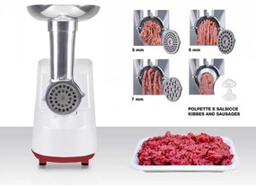 Mașină de tocat carne cu atașament pentru roșii Beper P102ROB200, 1200W, 3 lame, ABS, funcție Reverse, alb