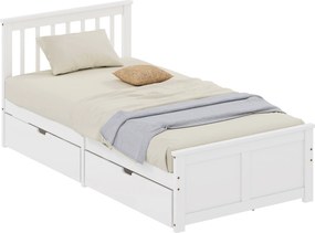 HOMCOM Cadru de pat 90x190cm din lemn masiv,  2 sertare pe roți, tăblie, picior de pat, somier cu lamele, alb | Aosom Romania