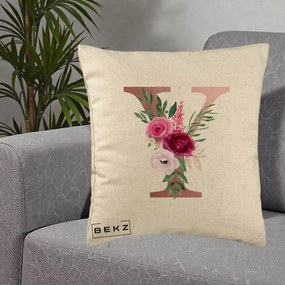 Cadou Personalizat - Perna Personalizata Monograma Rose Gold Litera Y, 40x40 cm, Bej, Husa Detasabila, Perna Inclusa, BEKZ®
