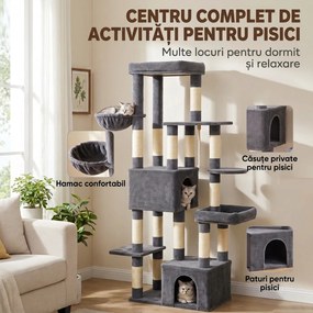 PawHut Ansamblu de Joacă pentru Pisici 180 cm, Multinivel, 13 Stâlpi de Zgâriat, 2 Grote, Hamac, 2 Culcușuri, Gri Închis | Aosom Romania