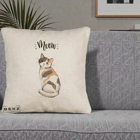 Perna Personalizata Pisica Meow Acuarela, 40x40 cm, Bej Canapea, Husa Detasabila, Perna Inclusa, BEKZ®