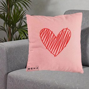 Perna Decorativa Inima Rosie Desen Manual, 40x40 cm, Roz, Husa Detasabila, Perna Inclusa, BEKZ®