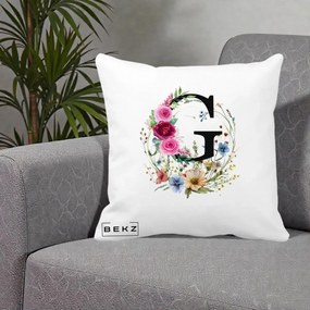 Cadou Personalizat - Perna Personalizata Monogram Litera G cu Flori Acuarela, 40x40 cm, Alba Mata, Husa Detasabila, Perna Inclusa, BEKZ®