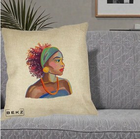 Perna Decorativa Portret Femeie Urbana Acuarela, 40x40 cm, Crem, Husa Detasabila, Perna Inclusa, BEKZ®