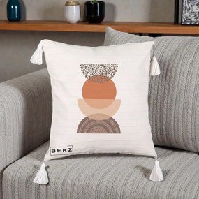 Perna Decorativa Boho Stiva Forme Punctate Terracotta, 40x40 cm, Bej cu Franjuri, Husa Detasabila, Perna Inclusa, BEKZ®