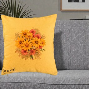 Perna Decorativa Floarea-Soarelui cu Cosmos Roz si Gypsophila, 40x40 cm, Galben, Husa Detasabila, Perna Inclusa, BEKZ®