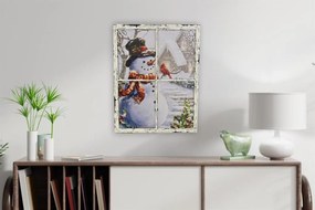 Pictură pe perete Om de zăpadă la fereastră, 3 LED-uri, 49 x