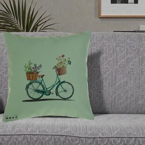 Perna Decorativa Bicicleta Florala Turcoaz Acuarela, 40x40 cm, Verde, Husa Detasabila, Perna Inclusa, BEKZ®