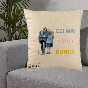 Cadou pentru Bunici - Perna Personalizata Cei Mai Iubiti Bunici Acuarela Spate, 40x40 cm, Bej, Husa Detasabila, Perna Inclusa, BEKZ®