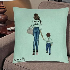 Cadou pentru Mama - Perna Personalizata, Model Mother of a Prince, 40x40 cm, Verde Menta, Husa Detasabila, Perna Inclusa, BEKZ®