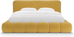 Pat matrimonial galben muștar tapițat cu spațiu de depozitare cu somieră 200x200 cm Solange – Micadoni