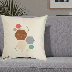 Perna Decorativa Geometric Hexagoane Multicolor, 40x40 cm, Ecru, Husa Detasabila, Perna Inclusa, BEKZ®