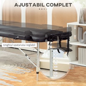 HOMCOM Pat de Masaj Pliabil cu Înălțime Reglabilă, Pat Profesional pentru Masaj din Aluminiu, 215x60x61-84 cm, Negru | Aosom Romania