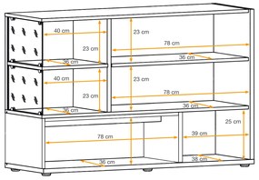 Comoda moderna, push open,  120x77x40 cm, gri antracit cu stejar artisan, cu led , cu 3 usi, vitrina sticla securizata, si spatiu gol, Bortis