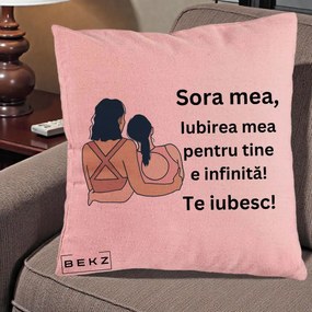 Cadou pentru Sora - Perna Personalizata Sora Mea Te Iubesc Doua Fete Fashioniste Line Art, 40x40 cm, Roz, Husa Detasabila, Perna Inclusa, BEKZ®