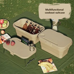 Coș de picnic, pliabil, 3 în 1, bej, masă portabilă, recipient și cutie multifuncțională, 15L, KP03K, eCarla