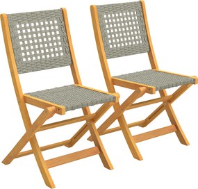 Outsunny Set de 2 Scaune de Grădină din Ratan PE, Scaune Pliabile de Exterior, Structură din Lemn de Salcâm, pentru Balcon, Terasă, Suport până la 160 kg, Gri | Aosom Romania