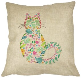 Perna Decorativa Pisica cu Flori, Multicolor, 40x40 cm, Husa Detasabila, Burduf
