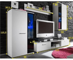 Mobilier de living sufragerie alb, 235 cm lungime ,vitrine sticla, canturi abs, pal alb, 235 cm, Pal