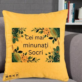 Cadou pentru Socri - Perna Personalizata Cei mai Minunati Socri cu Flori Albastre si Roz, 40x40 cm, Galben, Husa Detasabila, Perna Inclusa, BEKZ®
