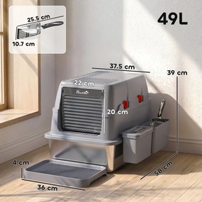 PawHut Litieră pentru Pisici 3 în 1, Închisă, 49 l, din Oțel Inoxidabil, cu Capac, Lopățică, Treaptă, 2 Cutii, Gri | Aosom Romania