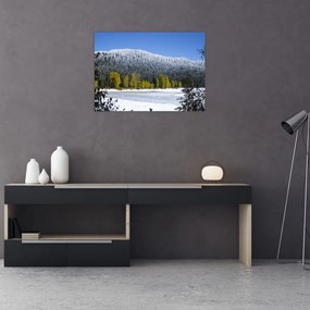 Tablou pe sticlă - munții înzăpeziți iarna (70x50 cm)