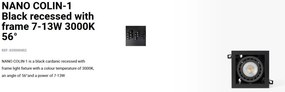 Spot LED incastrabil NANO COLIN-1 Black recessed with frame 7-13W 3000K 56°
