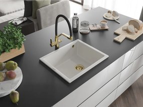 Mexen Pedro chiuvetă de granit cu 1 compartiment 560 x 460 mm, albă, sifon auriu - 6508561000-20-G