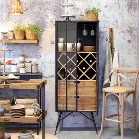 Vitrină bar din metal și lemn reciclat, rastel pentru sticle, suport pahare, finisaj negru antichizat, 170×65×36,5 cm, „Fonderie"