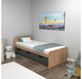 Pat de o persoană 90 cm Pelavi 1 (pin atlantic + antracit) (cu somieră). 1094838