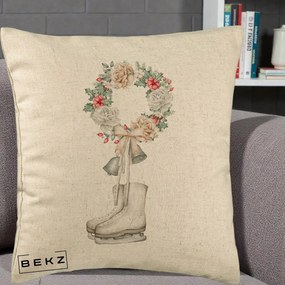 Perna Decorativa Patine cu Coroana Florala de Craciun, 40x40 cm, Bej, Husa Detasabila, Perna Inclusa, BEKZ®