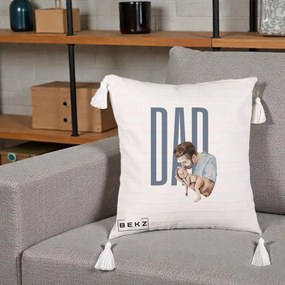 Cadou pentru Tata - Perna Personalizata DAD Tata si Nou-Nascut, 40x40 cm, Bej cu Franjuri, Husa Detasabila, Perna Inclusa, BEKZ®