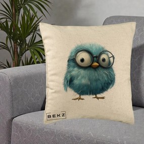 Perna Decorativa Pui Pufos Teal cu Ochelari, 40x40 cm, Bej, Husa Detasabila, Perna Inclusa, BEKZ®