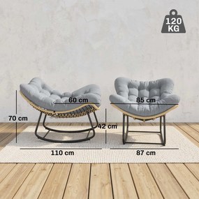 Outsunny Fotoliu balansoar din ratan, șezlong de grădină cu perne groase, balansoar de grădină până la 120 kg, interior/exterior, 87 x 110 x 70 cm, Gri | Aosom Romania