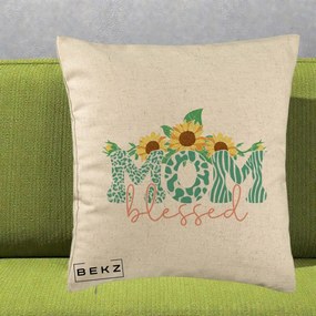 Cadou pentru Mama - Perna Personalizata Mom Blessed cu Floarea Soarelui Animal Print Teal, 40x40 cm, Bej, Husa Detasabila, Perna Inclusa, BEKZ®