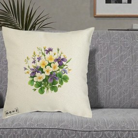 Perna Decorativa Viorele Iris Violet si Trifoi, 40x40 cm, Ecru, Husa Detasabila, Perna Inclusa, BEKZ®