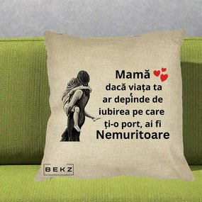 Cadou pentru Mama - Perna Personalizata Mama Nemuritoare Gravura Vintage, 40x40 cm, Crem, Husa Detasabila, Perna Inclusa, BEKZ®
