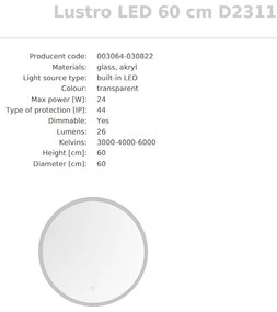Oglinda baie cu iluminat LED IP44 Mirror LED 60cm