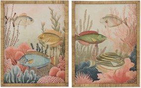Set 2 tablouri decorative cu motive marine și ramă din sticlă și rattan, 55×2,5×70 cm, „Fondo Marino"